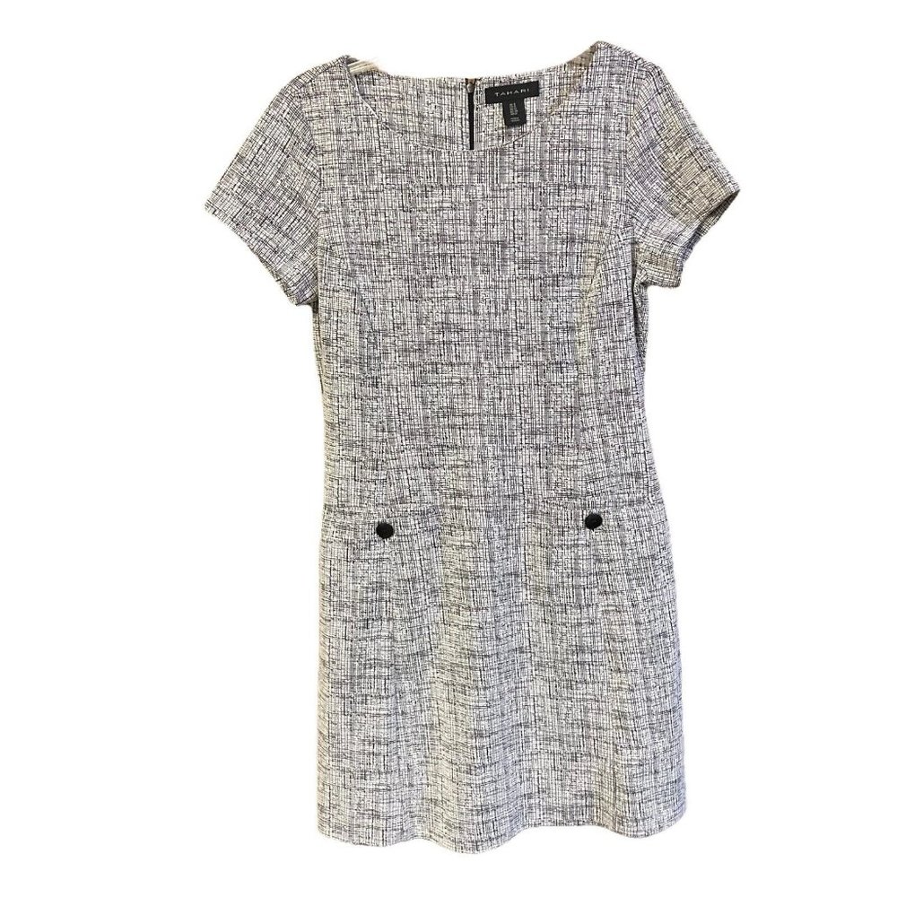 Tahari White Black Crosshatch Print Stretch Sheath Dress Pockets Womens Size 8